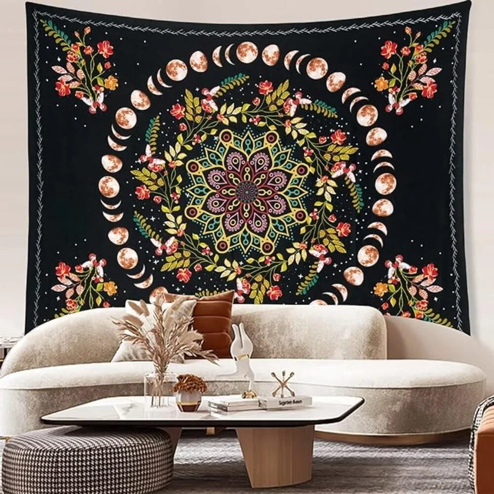 Floral Moon Phases Woven Jacquard Throw Blanket Tapestry 78.7''x59.1''
